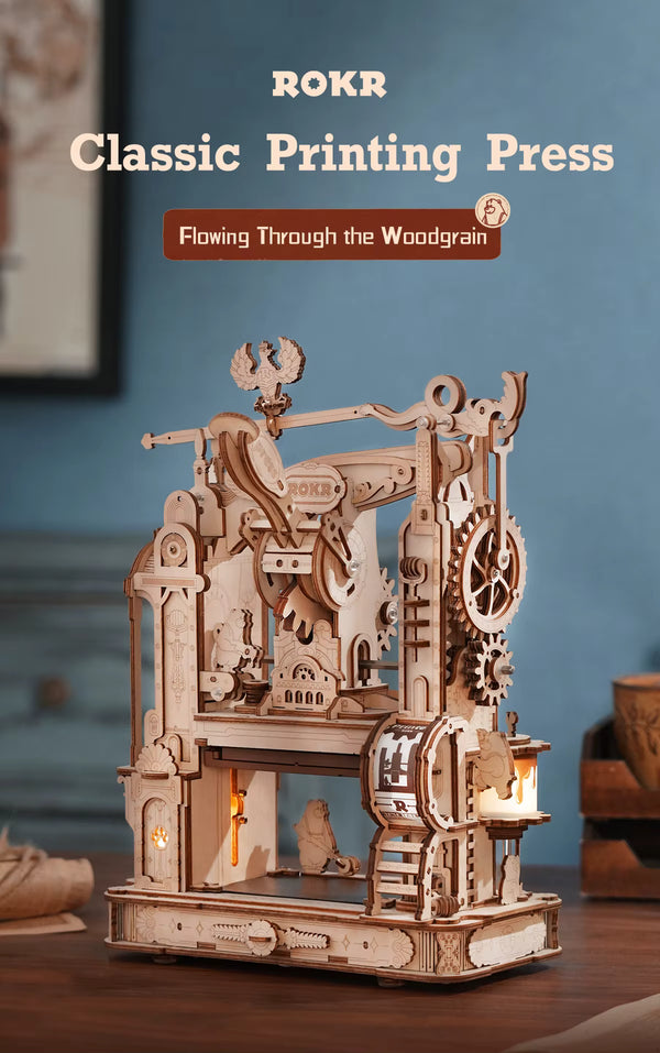 Printing Press 3D Wooden Puzzle Kit | Vintage DIY Mechanical Model with LED Light for Teens & Adults