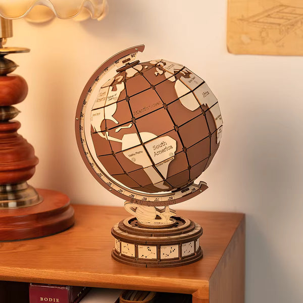 Illuminated Globe 3D Wooden Puzzle | 180-Piece DIY Model Kit with LED Light | Educational Geography Gift for Adults & Home Décor