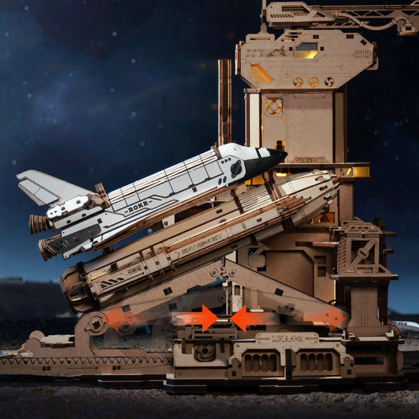 Space Shuttle 3D Wooden Puzzle – Moving Rocket Launch Tower with Lights | Mechanical STEM Building Set for Adults & Teens